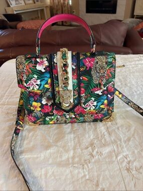 Aldo Multicolor Tropical Floral Satchel with Pink Handle and lion crystal accent